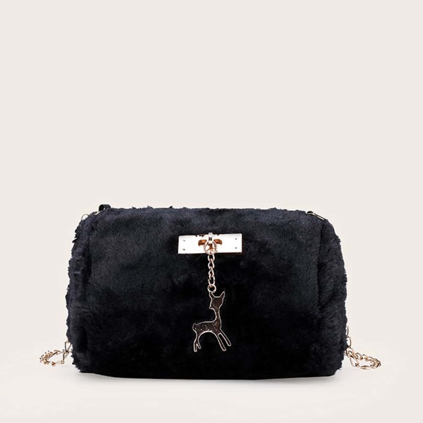 

Metal Deer Charm Fluffy Chain Bag, Black
