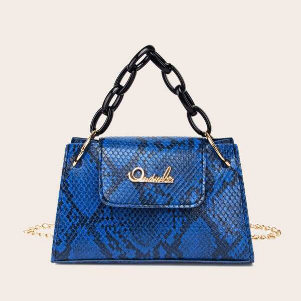 

Snakeskin Print Flap Satchel Bag, Blue