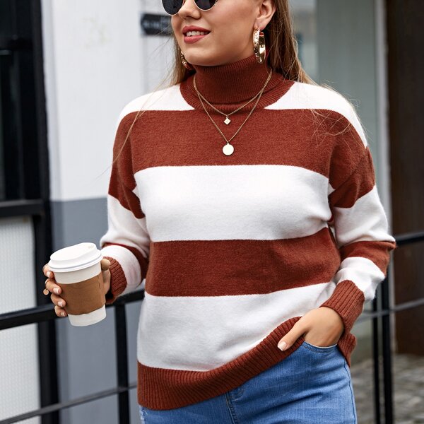 

Plus Turtleneck Color Block Sweater, Red and white