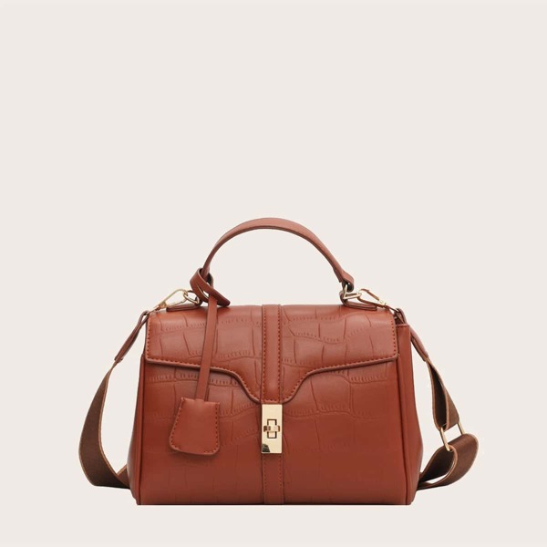 

Croc Embossed Turn-Lock Satchel Bag, Brown