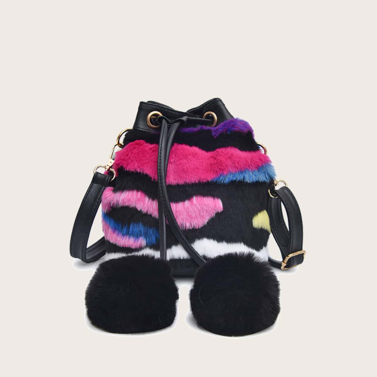 

Colorblock Pom Pom Fluffy Bucket Bag, Multicolor