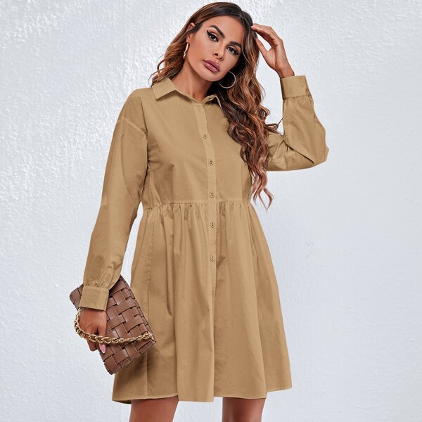 

Drop Shoulder Smock Shirt Dress, Camel