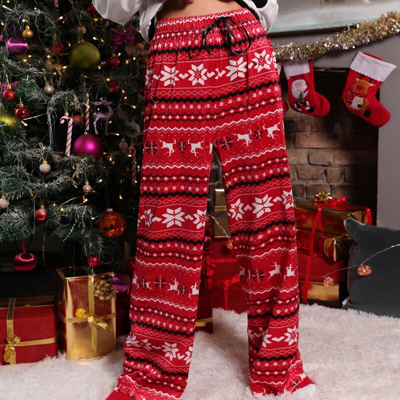 

Knot Waist Christmas Pattern Velvet Pants, Red