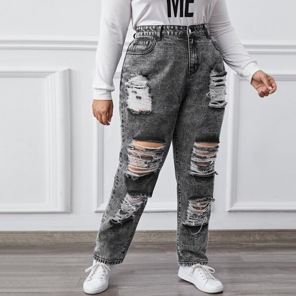 

Plus Slant Pocket Ripped Mom Jeans, Dark grey