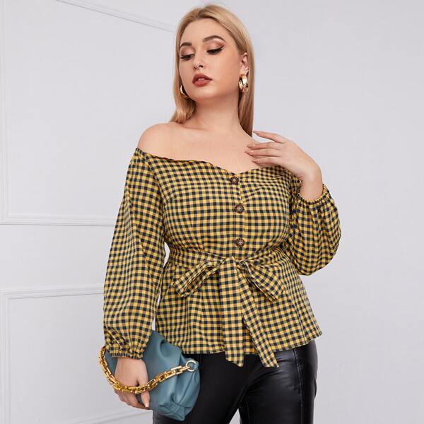 

Plus Buffalo Plaid Self Belted Bardot Blouse, Multicolor