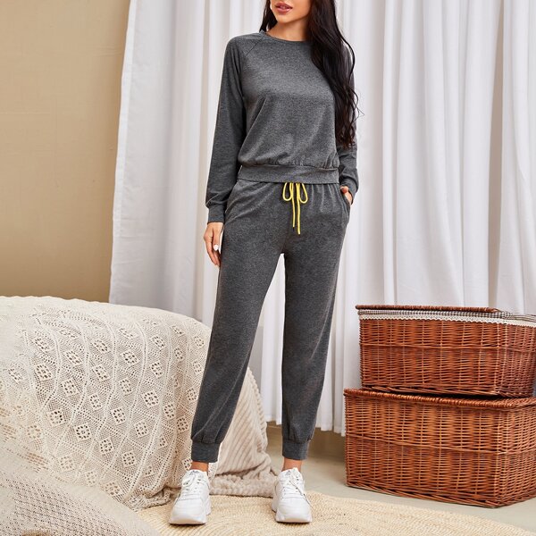 

Solid Raglan Sleeve Sweatshirt & Sweatpants PJ Set, Dark grey