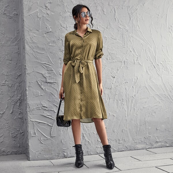 

Polka Dot Belted Shirt Dress, Olive green