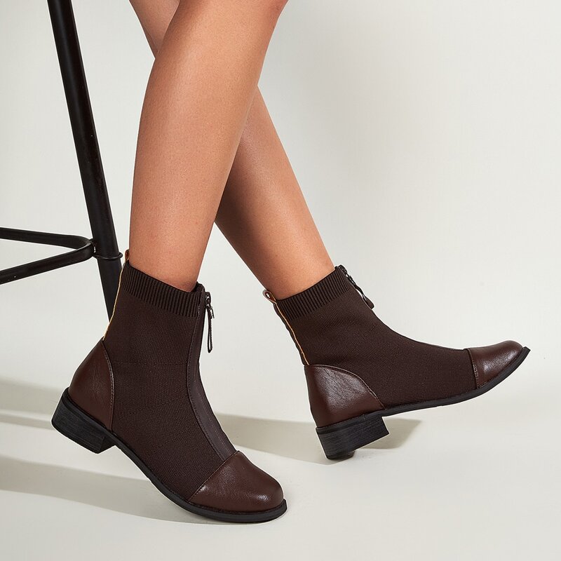 

Front Zipper Knit Block Heeled Boots, Brown
