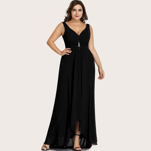 

Plus Rhinestone Ruched High Low Hem Prom Dress, Black