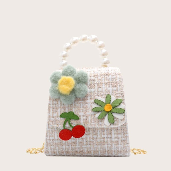 

Girls Flower & Cherry Decor Satchel Bag, Beige
