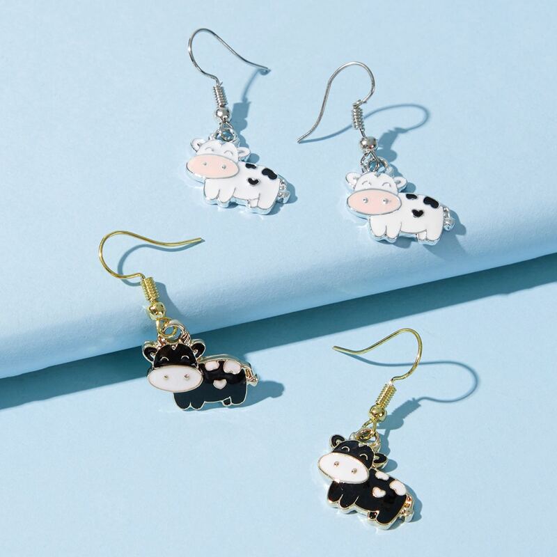 

2pairs Cartoon Cow Drop Earrings, Black and white