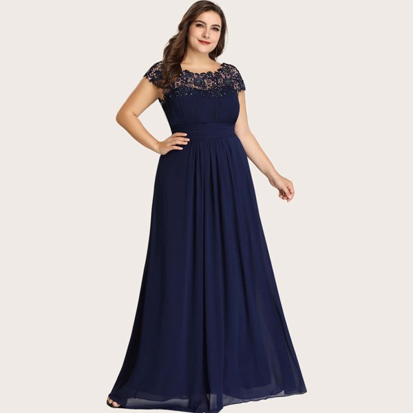 

Plus Lace Yoke Pleated Chiffon Prom Dress, Navy blue