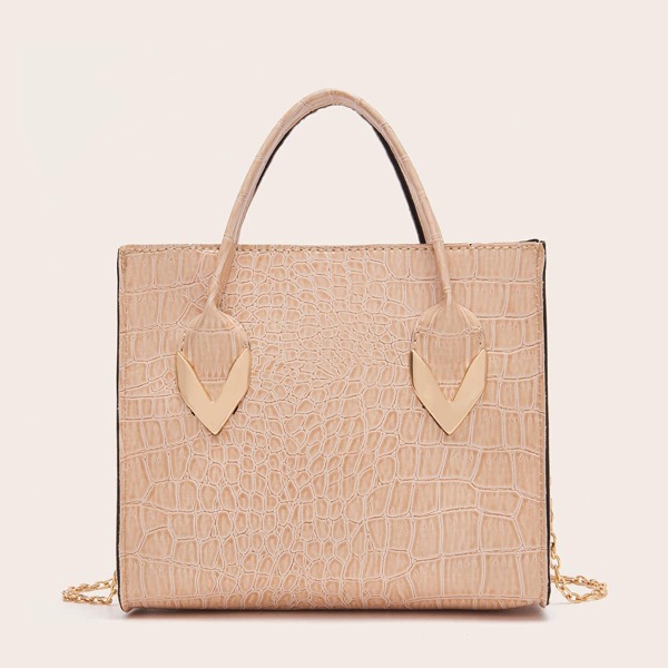

Croc Embossed Satchel Bag, Apricot