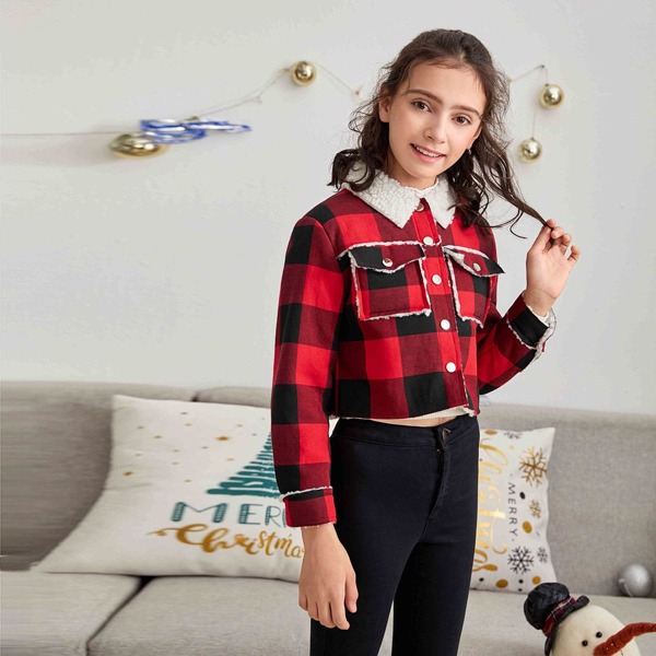 

Girls Contrast Faux Shearling Collar Buffalo Plaid Jacket, Multicolor