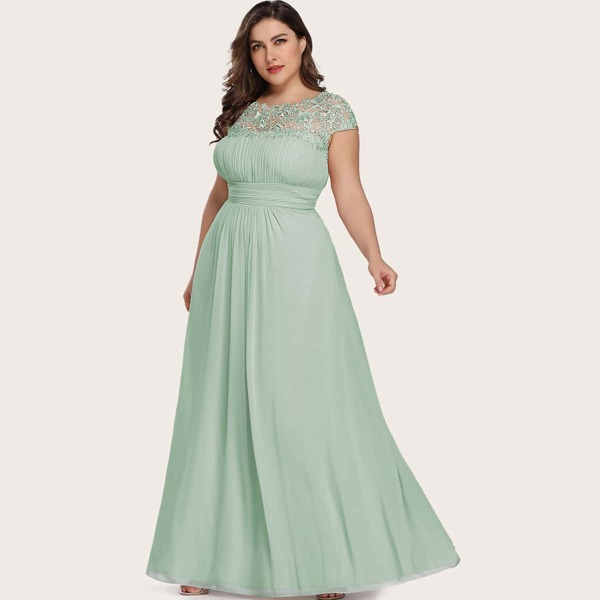 

Plus Lace Yoke Pleated Chiffon Prom Dress, Mint green