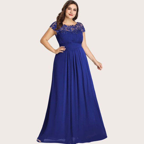 

Plus Lace Yoke Pleated Chiffon Prom Dress, Royal blue