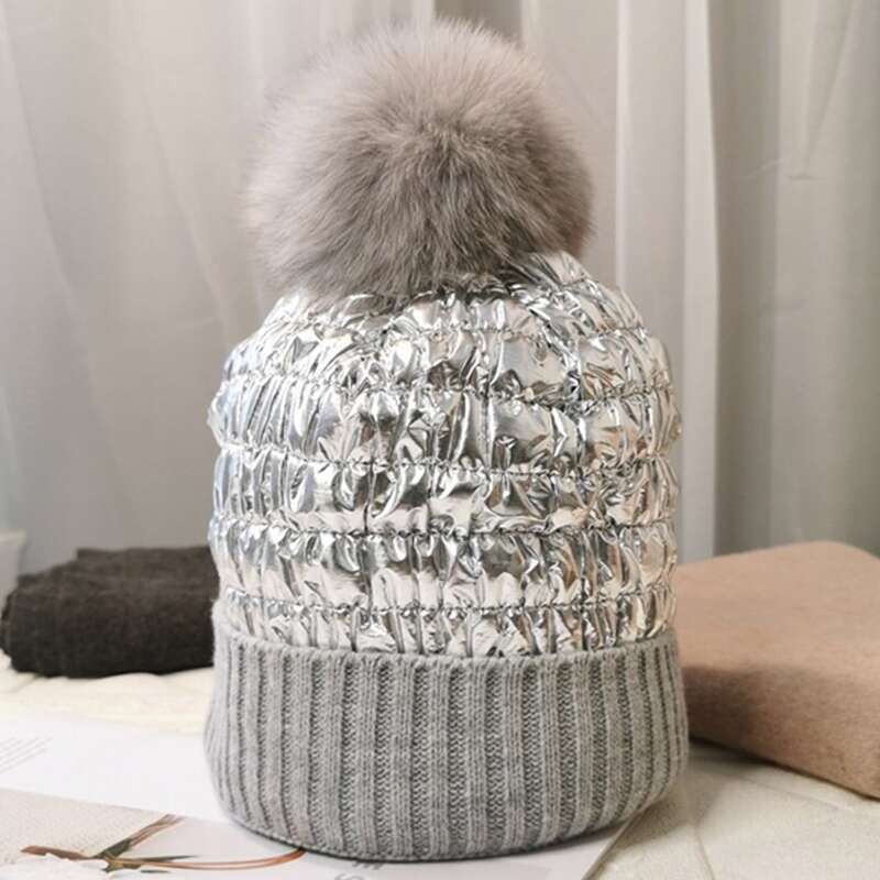 

Pom Pom Decor Windproof Knit Beanie, Silver