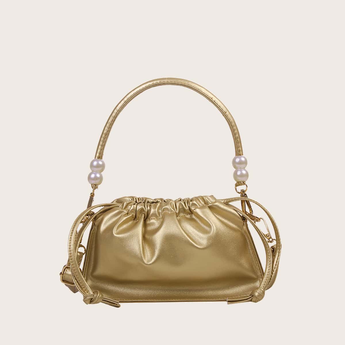 

Drawstring Metallic Ruched Bag, Gold