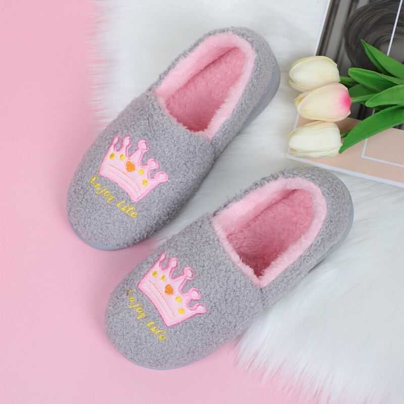 

Crown Graphic Slip On Fluffy Slippers, Grey