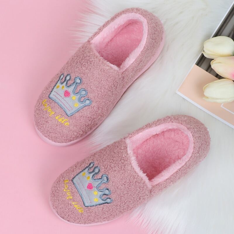 

Crown Graphic Slip On Fluffy Slippers, Pink