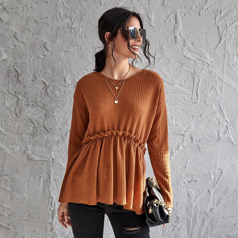 

Drop Shoulder Frill Trim Waffle Knit Peplum Tee, Brown
