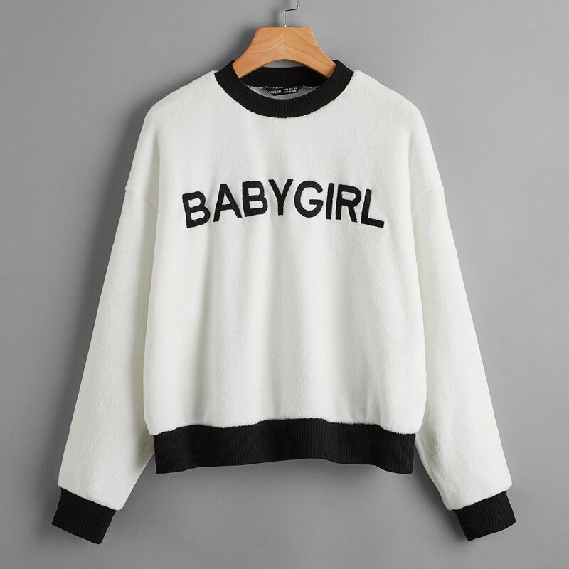 

Drop Shoulder Embroidered Letter Teddy Pullover, White