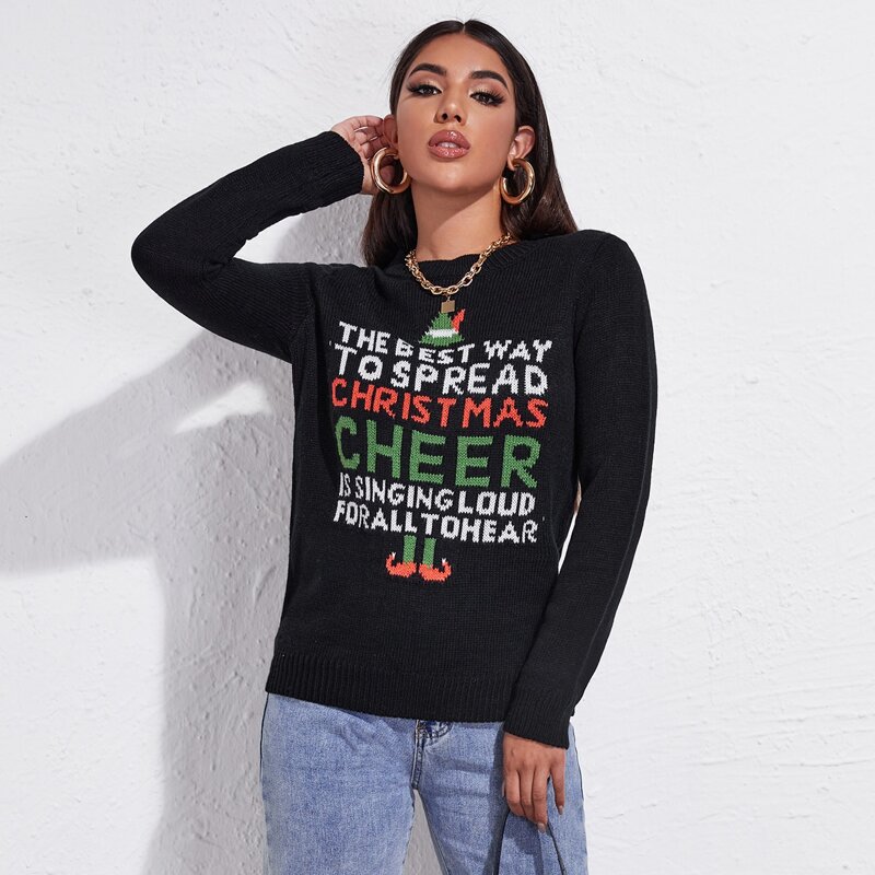 

Slogan & Christmas Pattern Sweater, Black
