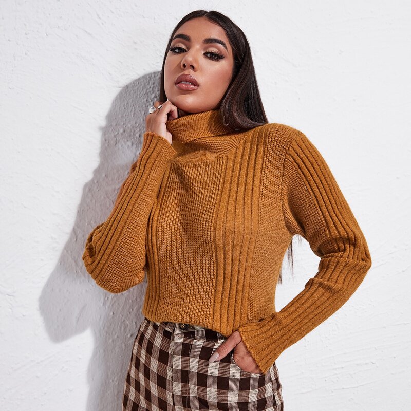 

Turtleneck Rib-knit Solid Crop Sweater, Ginger