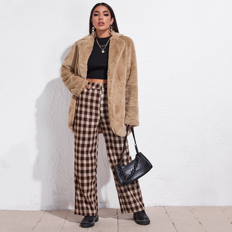 

Solid Open Front Faux Fur Coat, Khaki