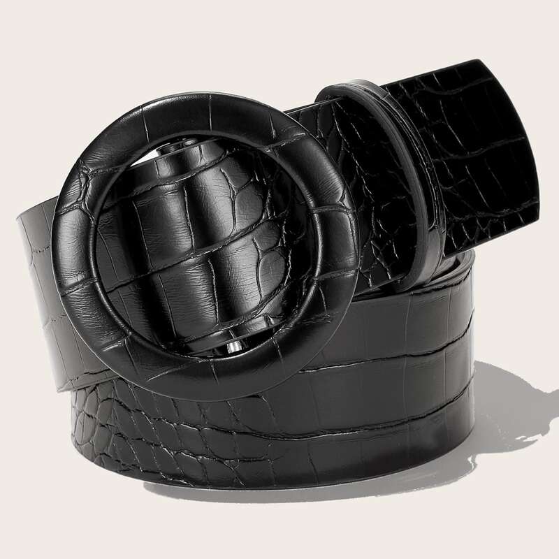 

Round Buckle Croc Embossed Belt, Black