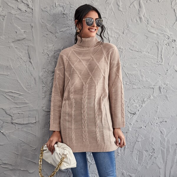 

Turtle Neck Drop Shoulder Cable Knit Sweater, Apricot