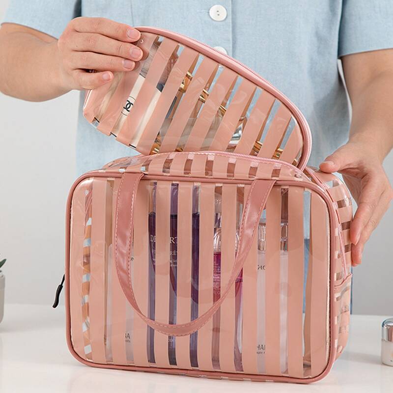 

2pcs Striped Clear Toiletries Bag Set, Pink