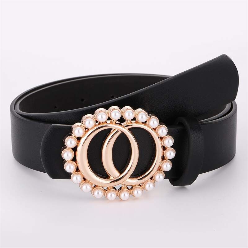 

Faux Pearl Decor O-ring Buckle Belt, Black