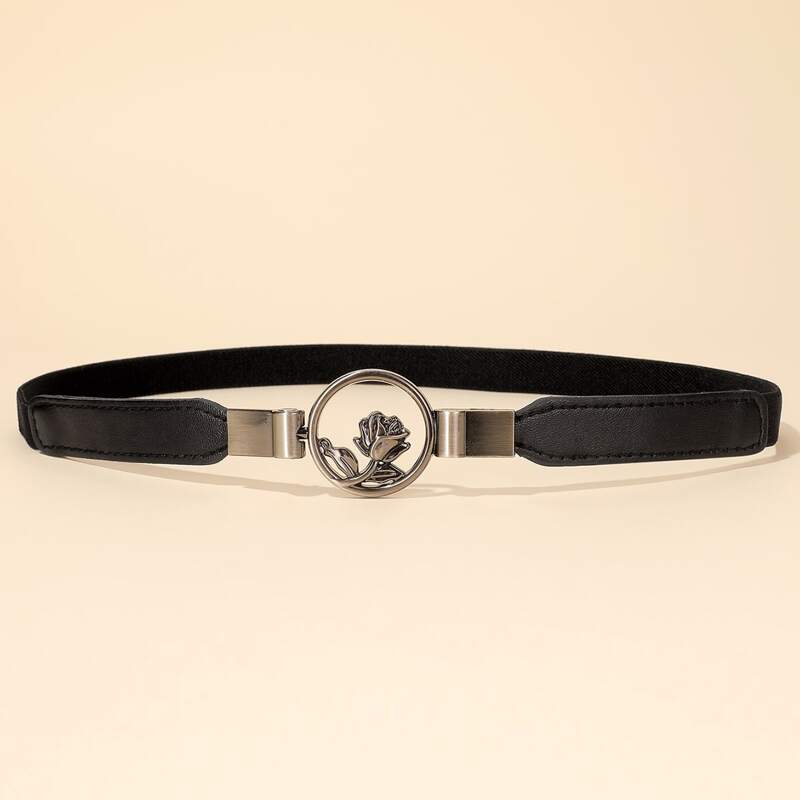 

Floral Buckle Skinny Belt, Black