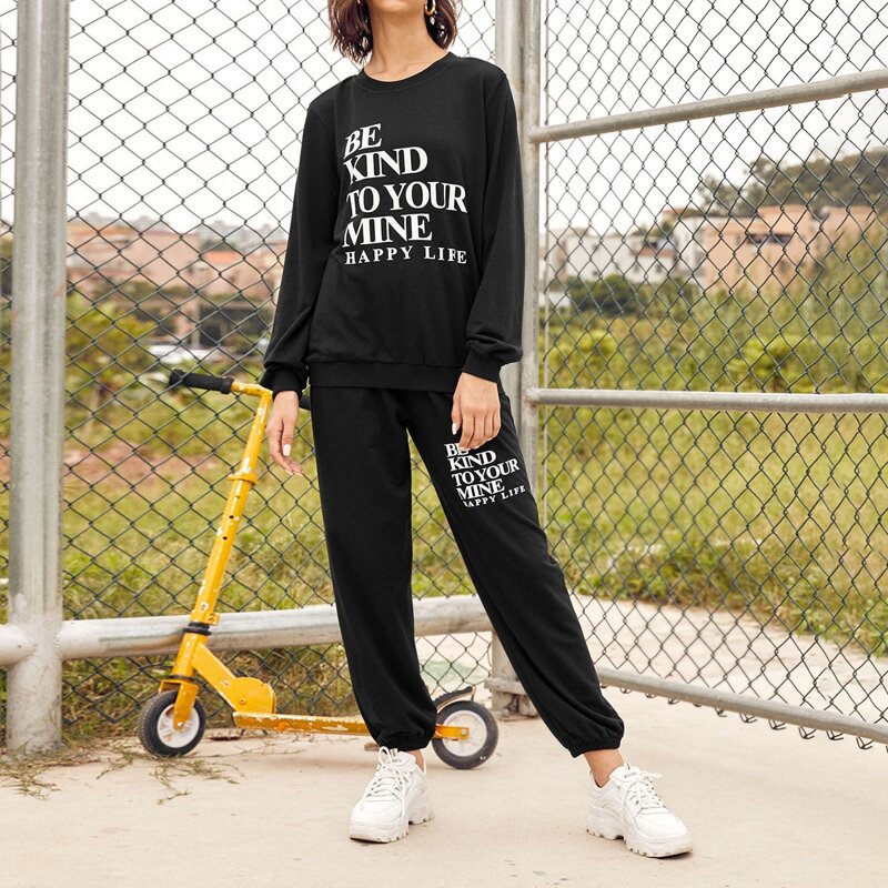 

Slogan Graphic Pullover and Joggers Set, Black