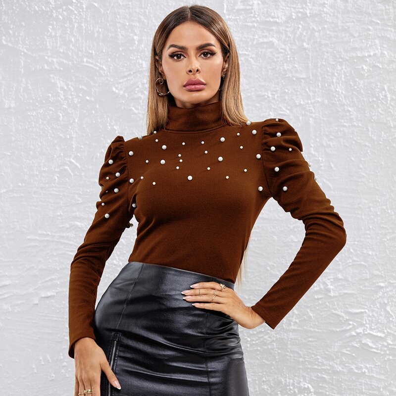 

High Neck Pearls Beaded Gigot Sleeve Tee, Coffee brown