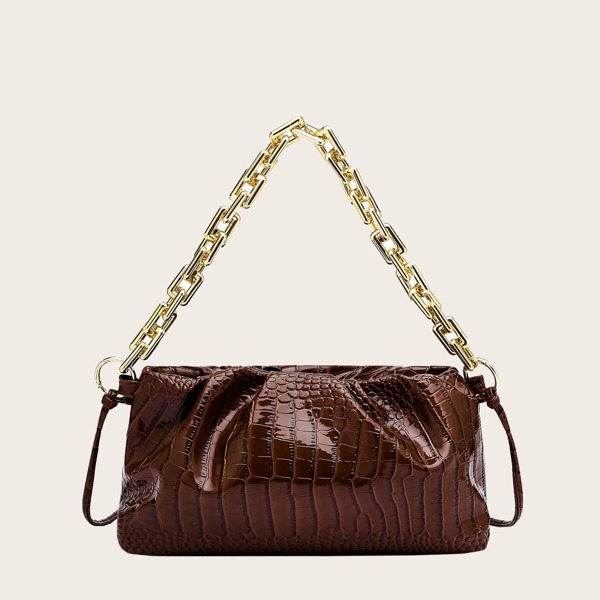 

Croc Embossed Chain Ruched Bag, Chocolate brown