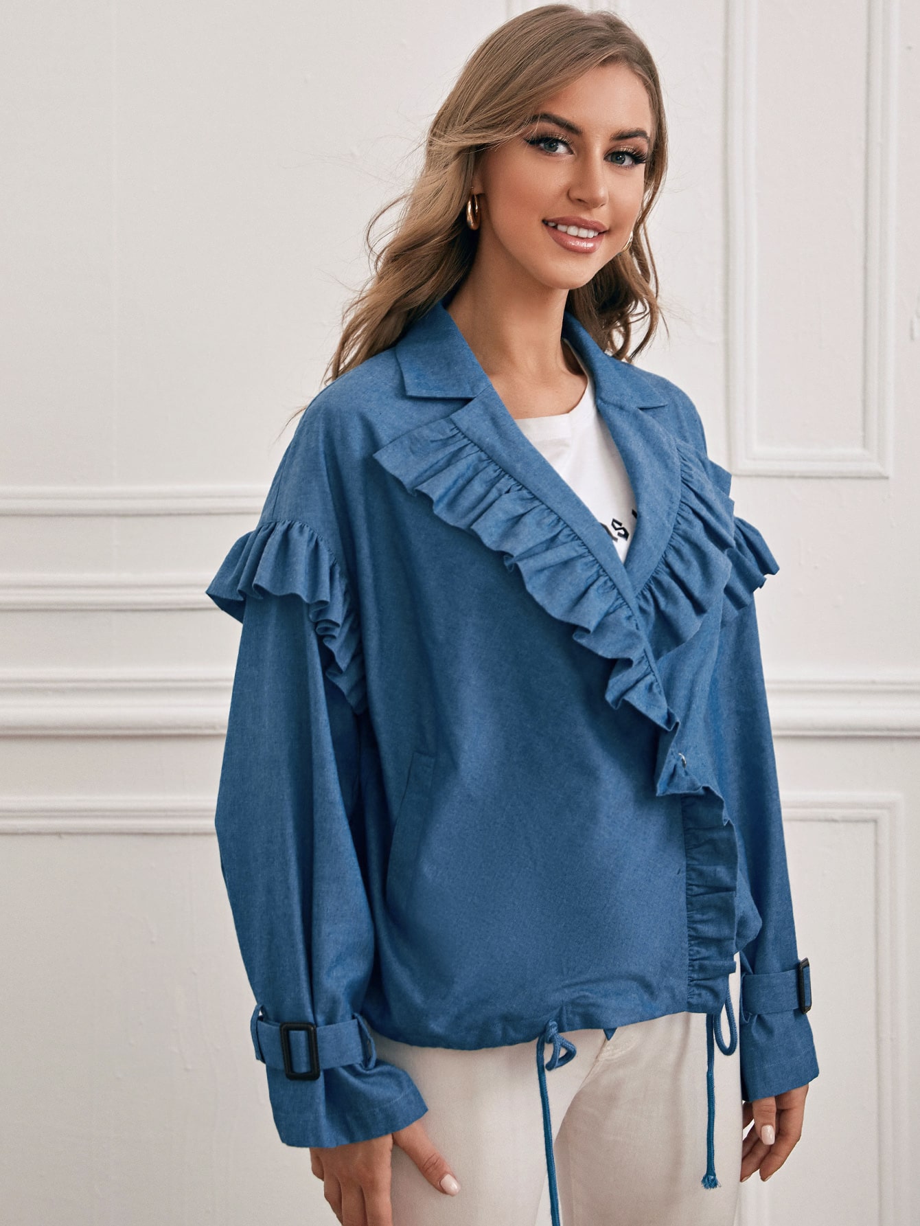 Notch Collar Ruffle Trim Buckle Strap Sleeve Coat thumbnail