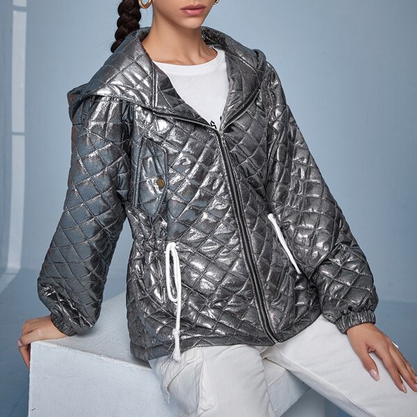 

Flap Detail Drawstring Waist Metallic Quilted Coat, Silver