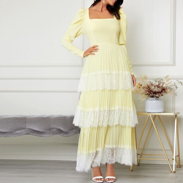 

Gigot Sleeve Lace Trim Layered Pleated Hem Dress, Yellow pastel
