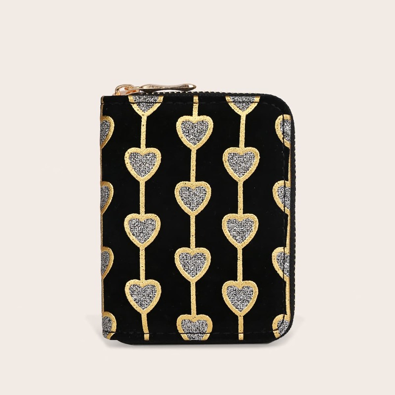 

Glitter Heart Zip Around Purse, Black