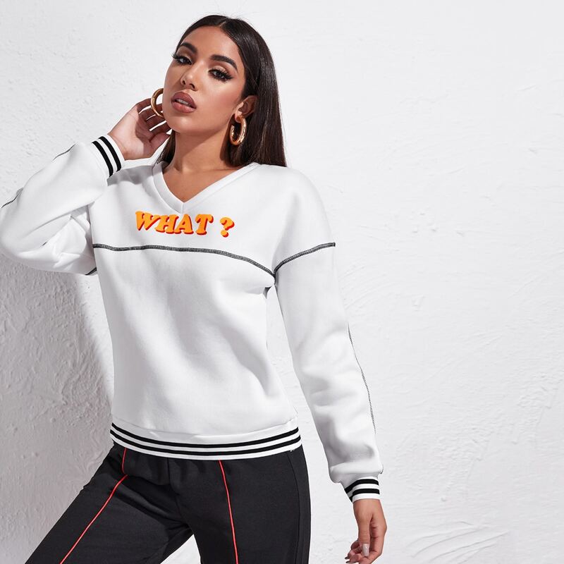 

Contrast Stitch Striped Trim Letter Graphic Pullover, White