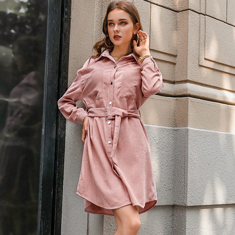 

Drop Shoulder Belted Cord Shirt Dress, Pastel dusty pink