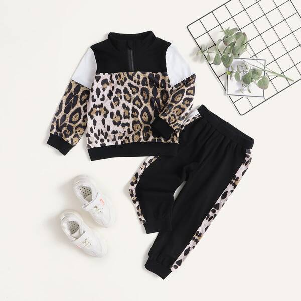 

Toddler Girls Leopard Colorblock Half Zipper Sweatshirt & Sweatpants, Multicolor