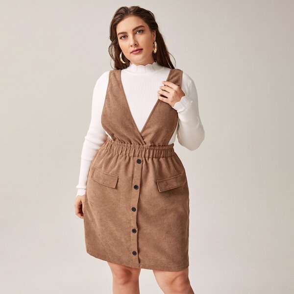 

Plus Corduroy Button Front Overall Dress, Mocha brown