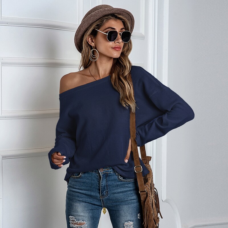 

Solid Drop Shoulder Oversized Waffle Tee, Navy blue