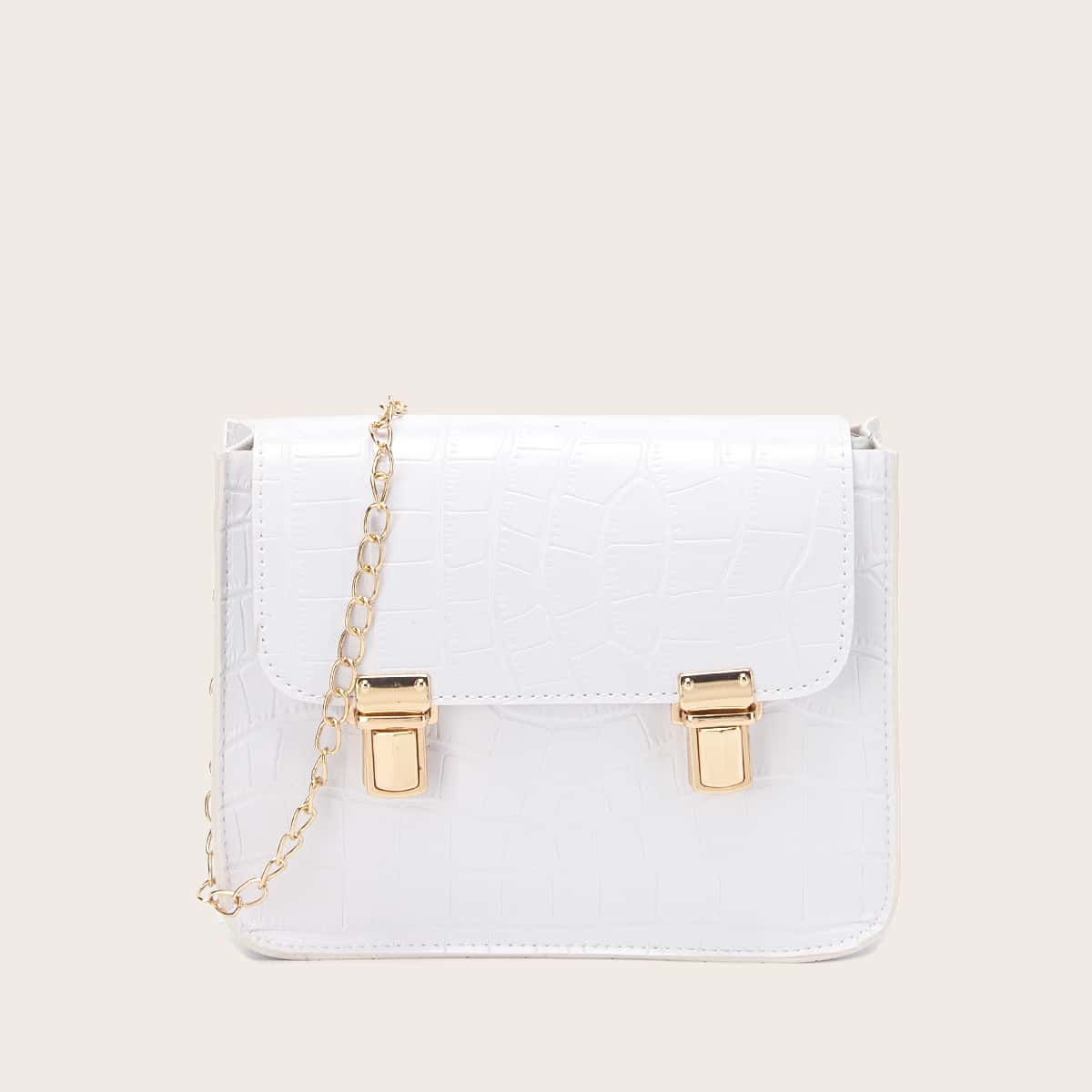

Double Push Lock Flap Chain Bag, White