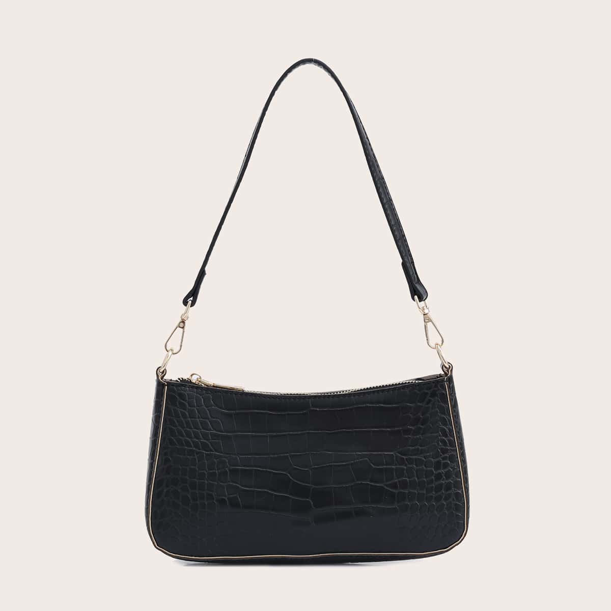

Croc Embossed Baguette Bag, Black