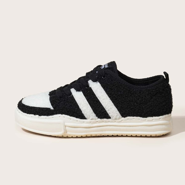 

Lace-up Front Striped Fluffy Slippers, Black