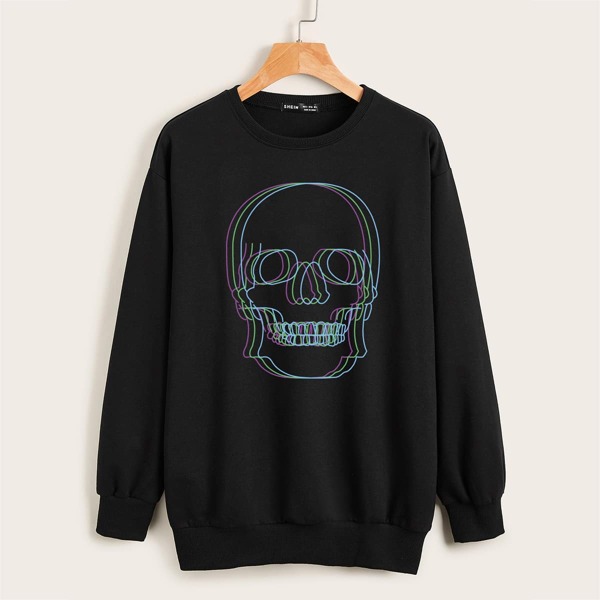 

Drop Shoulder Skull Print Pullover, Black